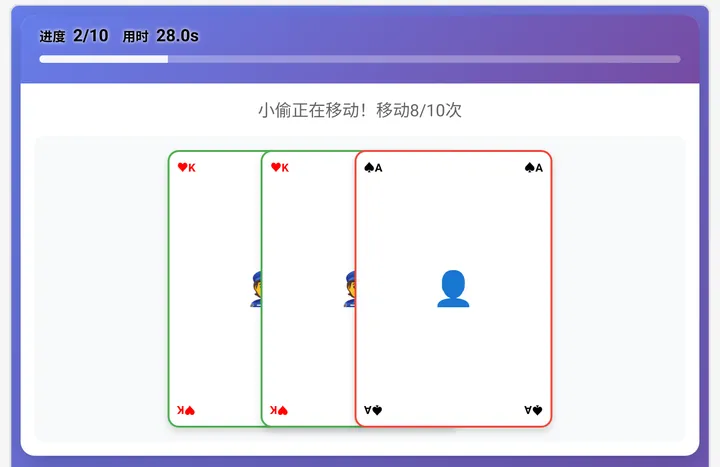 项目3抓小偷测评界面实测截图（5-6岁组）：① 牌在不停交换位置